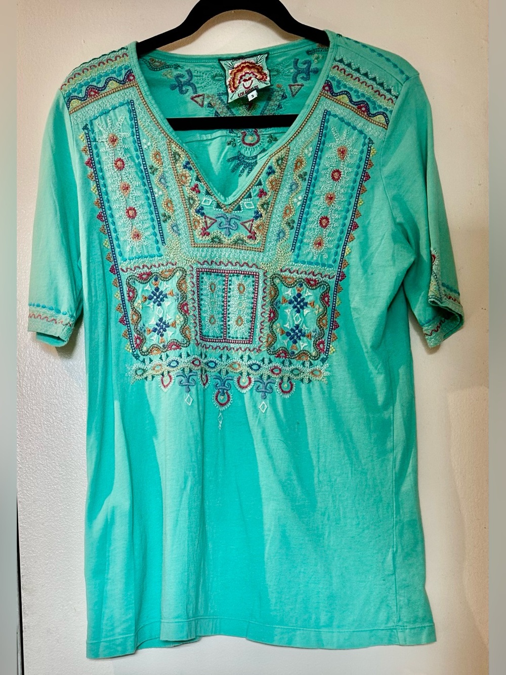 Johnny Was Vibrant Turquoise Embroidered V-Neck Cotton Tee Tunic Top Boho Size S